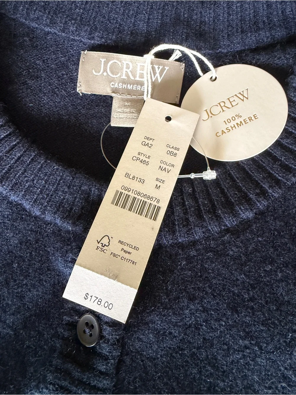 J.Crew Perfect Cashmere Cardigan Navy 100% Cashmere Size M NWT $178
